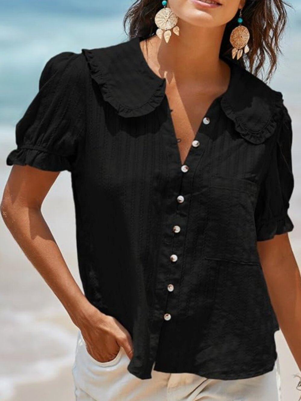 Tankaneo Black Puff Sleeve Shirt with Peter Pan Collar